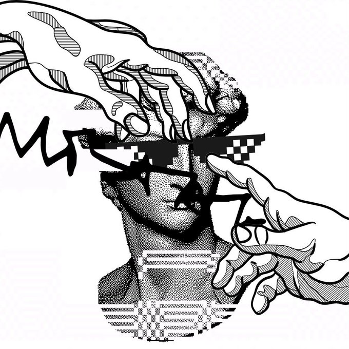 A black and white halftone-style illustration showing a face wearing pixelated sunglasses being touched by hands, with glitch/distortion effects and abstract line art.