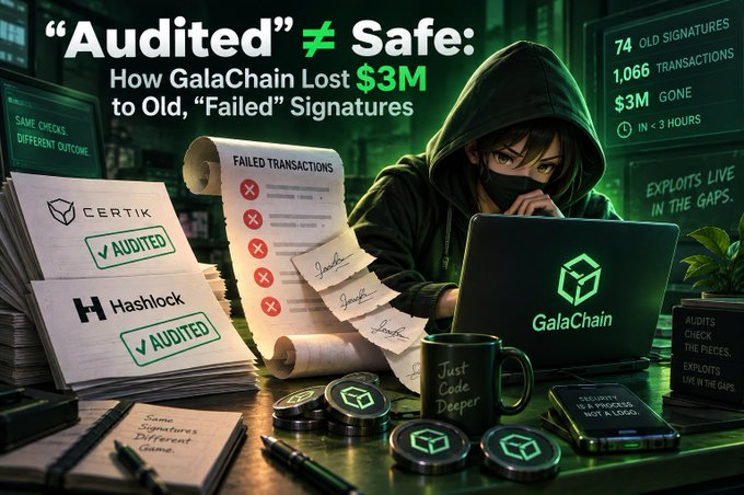 A dramatic graphic titled '"Audited" ≠ Safe: How GalaChain Lost $3M to Old, "Failed" Signatures' shows a hooded figure at a laptop, with stats reading 74 OLD SIGNATURES, 1,066 TRANSACTIONS, $3M GONE IN <3 HOURS, and 'CERTIK' and 'Hashlock' audit reports displayed alongside.