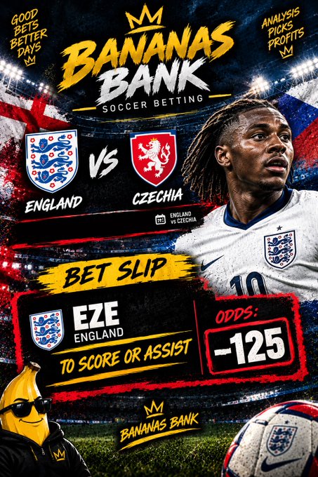 A promotional graphic from Bananas Bank titled "Free Play Of The Day" features a soccer betting slip for the England vs Czechia match, highlighting a bet on England's Eze to score or assist at -125 odds. The image includes logos for both national teams and a player in an England jersey, tying into the soccer betting theme.