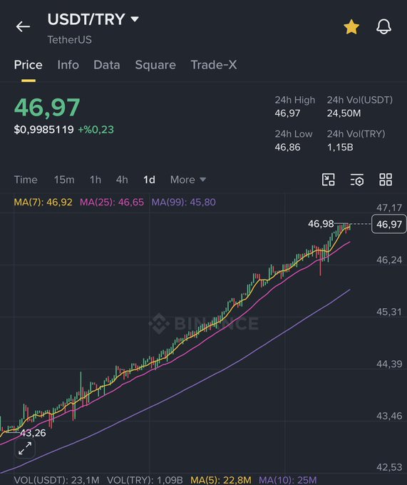 A Binance trading chart displays the USDT/TRY pair (TetherUS) trading at 46,97 with a daily gain of +%0,23, showing an upward trend over the 1-day timeframe with moving averages MA(7): 46,92, MA(25): 46,65, and MA(99): 45,80, and prices ranging from a low of 43,26 to a high of 46,98. The chart visually supports the post's prediction that USDT is approaching 47 TL and heading toward 48 TL by year-end.