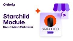 The image shows an Orderly promotional graphic featuring the "Starchild Module," with text announcing it is "Now on Builders Marketplace," alongside a stylized storefront icon and a "Starchild" badge. This visual aligns with the post's announcement about integrating Starchild AI agents into perp DEX platforms built on Orderly, highlighting the new module available to builders.