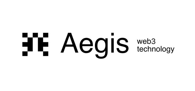 The image displays a logo concept for Aegis Web3 Technology, featuring a pixelated square icon next to the company name "Aegis" in bold black lettering, with "web3 technology" written in smaller text to the right. This matches the accompanying post about an upcoming logo design for the company.