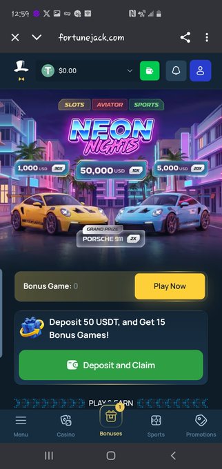 Screenshot of fortunejack.com's homepage showing a "Neon Nights" promotion featuring two Porsche sports cars ($50,000 USD grand prize) alongside a deposit bonus offer: "Deposit 50 USDT, and Get 15 Bonus Games!" with a yellow "Play Now" button, supporting the post's message about using the referral link for a deposit bonus.