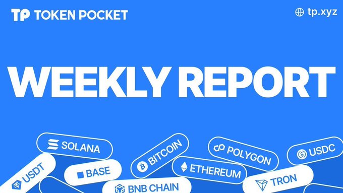The image features a blue banner with white text that reads "Weekly Report". Below this, there are several logos for different cryptocurrency exchanges such as Solana, Ripple, Bitcoin, Etherum, and USDC. The text also mentions a new version of tokenPocket app available on Android 2.0 or later, which is designed to help users manage their digital assets more efficiently.
