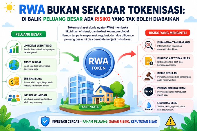 An Indonesian infographic titled 'RWA BUKAN SEKADAR TOKENISASI' explaining the opportunities and risks of Real World Asset tokenization with various icons and text sections.