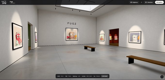 A virtual art gallery interior labeled 'FUGZ' displaying framed artworks featuring colorful cartoon characters, with a minimalist bench in the center.