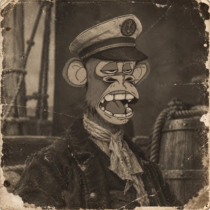 A sepia-toned, distressed illustration shows an angry cartoon monkey wearing a sailor's cap with an anchor emblem, a neckerchief, and a jacket, standing before ship rigging and a barrel.