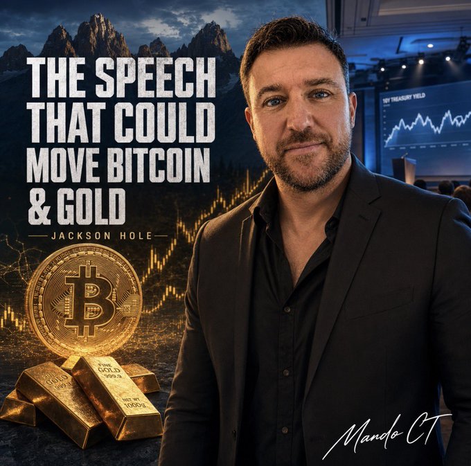 A man stands before financial charts, Bitcoin, and gold bars beneath the headline “THE SPEECH THAT COULD MOVE BITCOIN & GOLD — JACKSON HOLE,” with a “10Y TREASURY YIELD” screen and “Mando CT” signature. The post connects Warsh’s Jackson Hole remarks to the Fed’s role in controlling long-term Treasury yields, especially as larger Treasury bond buybacks coincide with Bitcoin rising from $64K and potentially affecting Bitcoin and gold.