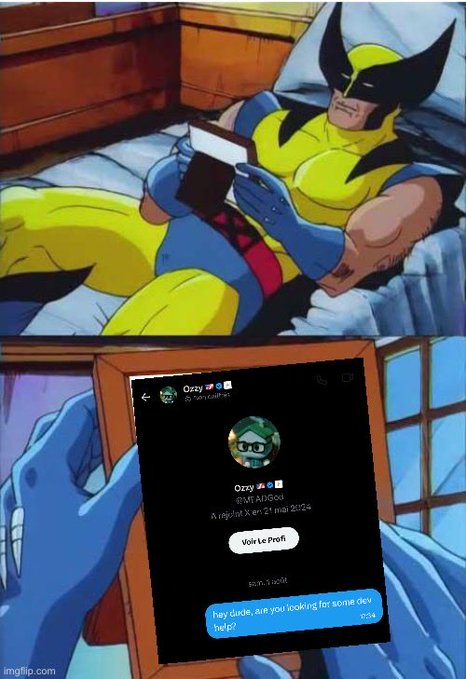 Wolverine from X-Men lies in bed scrolling through his phone, revealing a Discord DM with "Ozzy" (described as a "BACKEND" developer) saying "hey dude, are you looking for some dev help?"—ironically contradicting the post's claim that they "already hired another dev."