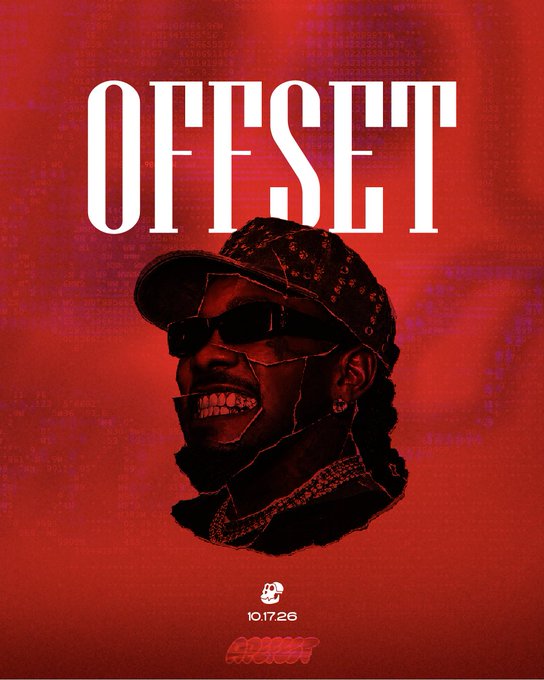 The image is a red-toned concert poster for OFFSET performing live at APEFEST on 10.17.26, featuring a stylized portrait of the rapper wearing a patterned cap and sunglasses beneath his name in large white text, tying into the post's tease about an exclusive club-gated performance.
