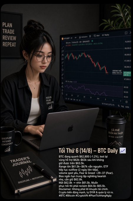 A focused trader works at a laptop in a dimly lit setup, with a Bitcoin (BTCUSDT) candlestick chart displaying the ~$62,800 price level and RSI indicator visible on her monitor, alongside a "Trader's Journal," "Discipline = Patience = Consistency" mug, and a "Plan Trade Review Repeat" poster—visually reinforcing the post's Friday (14/8) BTC Daily analysis covering the $61.5k–$67k range, ETF outflows, and Fear & Greed index of 29–37.