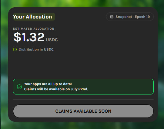 A digital interface showing 'Your Allocation' of $1.32 USDC with a note that 'Claims will be available on July 22nd' and a button reading 'CLAIMS AVAILABLE SOON'.
