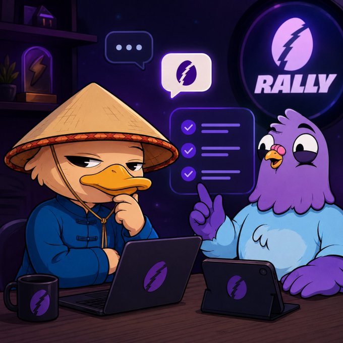A cartoon illustration of a duck wearing a conical hat and a purple bird character sitting at a desk with laptops branded with the RALLY logo, surrounded by chat bubbles and a checklist.