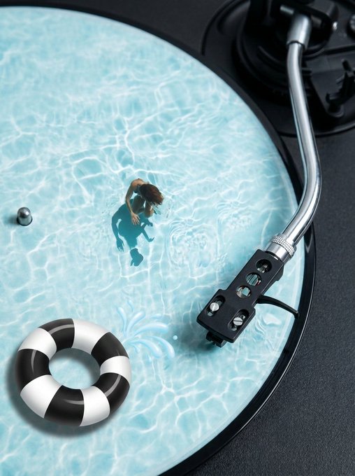 A creative optical illusion showing a vinyl record styled to look like a swimming pool, complete with water, a tiny swimmer, a life preserver, and a tonearm.