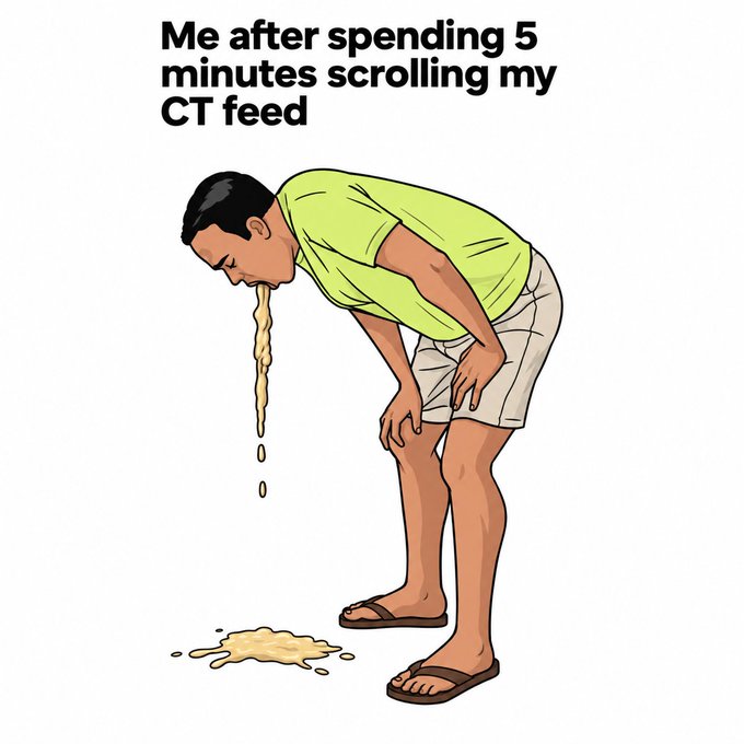 A cartoon illustration titled 'Me after spending 5 minutes scrolling my CT feed' depicting a person bent over and vomiting yellow liquid onto the floor.