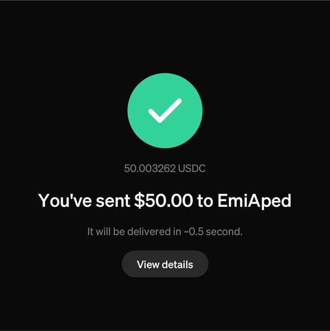 A confirmation screen from a digital wallet or payment app shows a successful transaction of 50.003262 USDC ($50.00) sent to user "EmiAped," with a delivery time of approximately 0.5 seconds, supporting the post's claim that the recipient "just got MoonPaid."