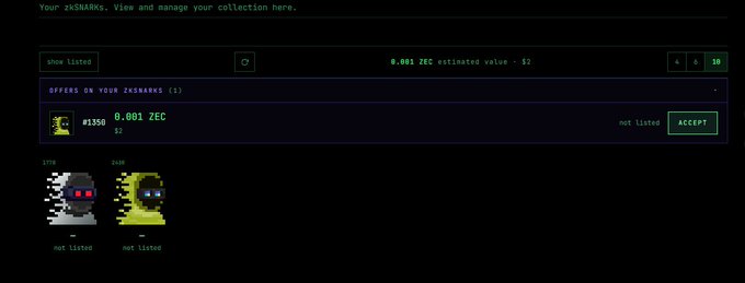 A screenshot of a zkSNARKs collection page showing a total estimated value of 0.001 ZEC ($2), with one pending offer of 0.001 ZEC on zkSNARK #1350 awaiting acceptance, while zkSNARKs #1778 and #2440 remain unlisted. The image relates to the post by displaying the user "3z" actively managing their collection with an outstanding offer to acquire another zkSNARK.
