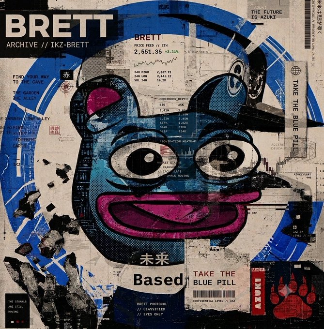 A collage-style digital artwork featuring a stylized blue character face with large eyes, surrounded by financial data, 'BRETT' branding, and 'TAKE THE BLUE PILL' text.