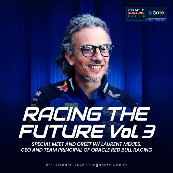 Promotional graphic for "Racing The Future Vol. 3," featuring a smiling Laurent Mekies, CEO & Team Principal of Oracle Red Bull Racing, in a branded racing suit with Oracle Red Bull Racing and Gate logos at the top, advertising a special meet-and-greet event on October 8, 2026, at the Singapore Circuit.