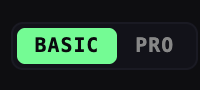 The image features a green button with white text that says "BASIC/PRO" at the top of the screen. The background color of the image is black, which contrasts with the green button. There are no other objects or texts in the image besides the button and its accompanying message.