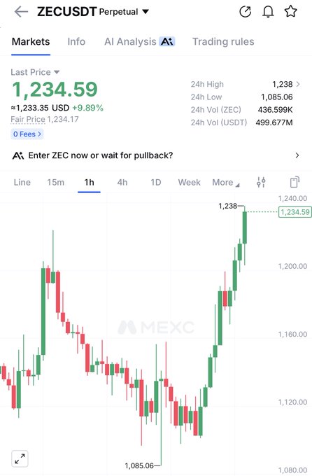 MEXC trading chart for ZECUSDT Perpetual showing a last price of 1,234.59 USD (+9.89%) with a 24h high of 1,238.