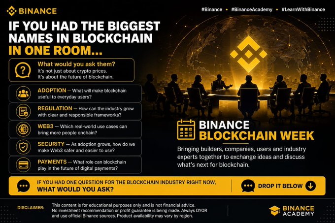 A Binance Blockchain Week promotional graphic featuring silhouettes of figures seated around a conference table with the headline "If you had the biggest names in blockchain in one room…" and prompts discussion topics including Adoption, Regulation, Web3, Security, and Payments. The image visually supports the accompanying post's invitation to ask industry leaders about key blockchain issues beyond crypto prices.