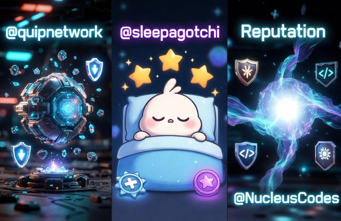 The image features a poster with three different cartoon characters, including a baby sleeping in a blue bed, surrounded by stars and shields. The text on the poster includes mentions of "quipnetwork", "Sleeping Puppets", "reputation", "#NucelosCodes", and "@quipnetwork". These elements are related to the post about web3 projects and their development for decentralized quantum computing networks, which aims to provide powerful resources while ensuring security against future threats.
