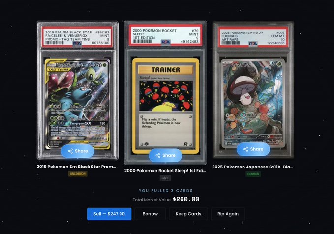 A digital card collection interface displays three PSA-graded Pokémon cards—2019 Sm Black Star #SM167, 2000 Pokémon Rocket #79, and 2025 Pokémon Japanese Sv1B JP—totaling a market value of $260.00 with options to sell for $247.00, borrow, or keep.