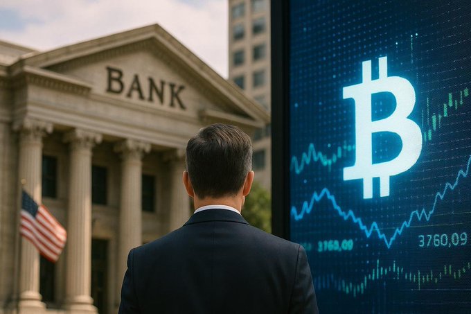 A man in a suit viewed from behind stands before a classical "BANK" building with an American flag, looking at a large blue digital display featuring a Bitcoin "B" logo and a graph showing prices of 3759.00 and 3760.09.