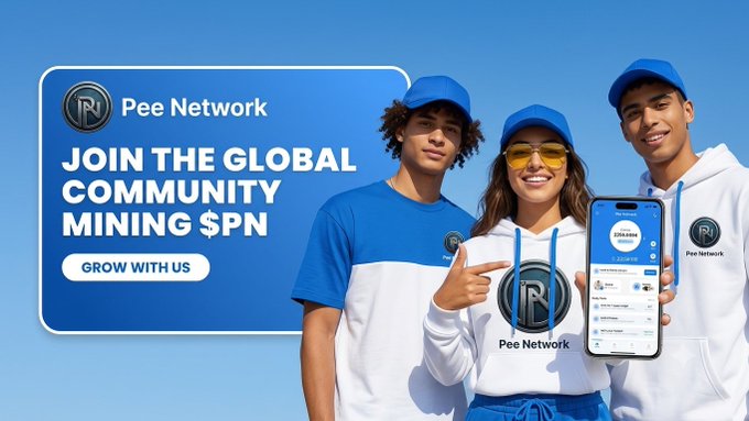 A promotional banner for **Pee Network** featuring three young people in branded blue and white apparel, with one holding a smartphone displaying the Pee Network app. The text reads "JOIN THE GLOBAL COMMUNITY MINING $PN" alongside a "GROW WITH US" call-to-action button, visually reinforcing the post's message about mobile mining and ecosystem building for the $PN token.