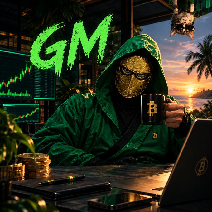 A digital artwork titled 'GM' shows a hooded figure in a green cloak wearing a golden mask, holding a Bitcoin mug at a desk with gold coins and a laptop, with trading charts in the background.