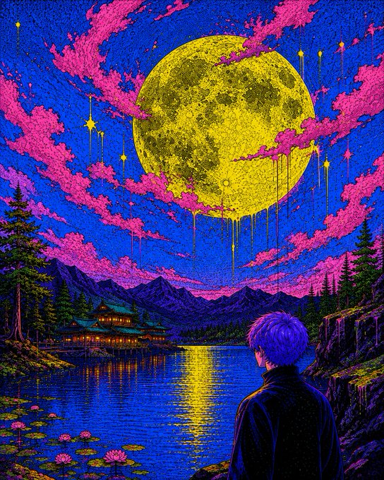 Vibrant anime-style illustration of a character with purple hair viewing a massive yellow moon over a mountain lake and traditional pagoda, with pink clouds and a starry night sky.