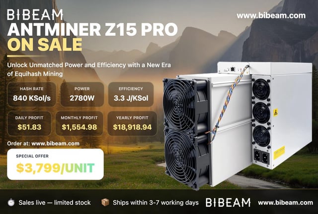The image features a poster for Antminer Z15 Pro, which is an antminer mining machine. The poster includes a photo of the machine along with some text that reads "Antminer Z15 Pro Now in Stock - Ships Within 24 Hours! ⏰ Order Today at: www.bibeam.com". This suggests that the Antminer Z15 Pro is available for purchase and can be ordered immediately, as it is currently in stock and ships within 24 hours.

The poster also includes a price list with various options to choose from, along with a special offer of $3,791 (or 3,839) unit price if purchased today. The website address "www.bibeam.com" is clearly visible on the poster as well.
