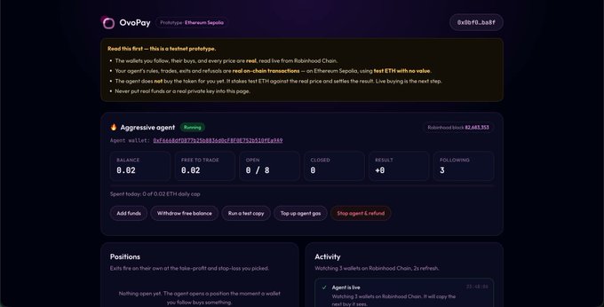 A screenshot of a webpage titled 'OvoPay' featuring a prototype on Ethereum Sepolia for an 'Aggressive agent' called Robinhood, displaying wallet balance of 0.02 ETH and Robinhood token balance of 82,603.153, with the address '0x9b46feEb977B2b8669d6eCfdbaE2EC752652Eaf02'.