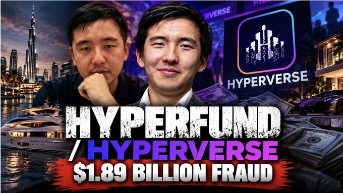 A thumbnail showing two men with text 'HYPERFUND / HYPERVERSE $1.89 BILLION FRAUD', a Hyperverse logo, yacht, city skyline, and cash.