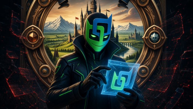 A digital art illustration of a masked figure in a black hooded outfit with green neon accents holding a glowing holographic display, set against a fantasy castle landscape.