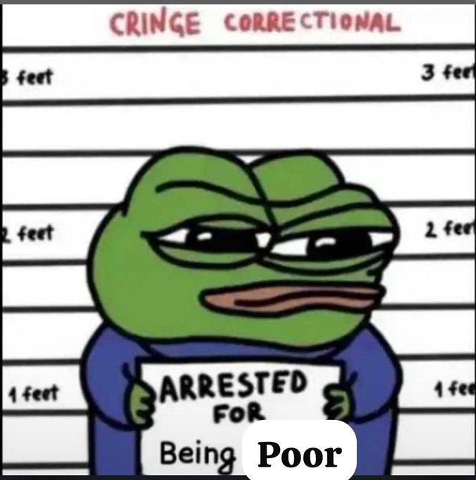 A Pepe the Frog meme in a mugshot setting under the header 'CRINGE CORRECTIONAL', holding a sign that reads 'ARRESTED FOR Being Poor'.