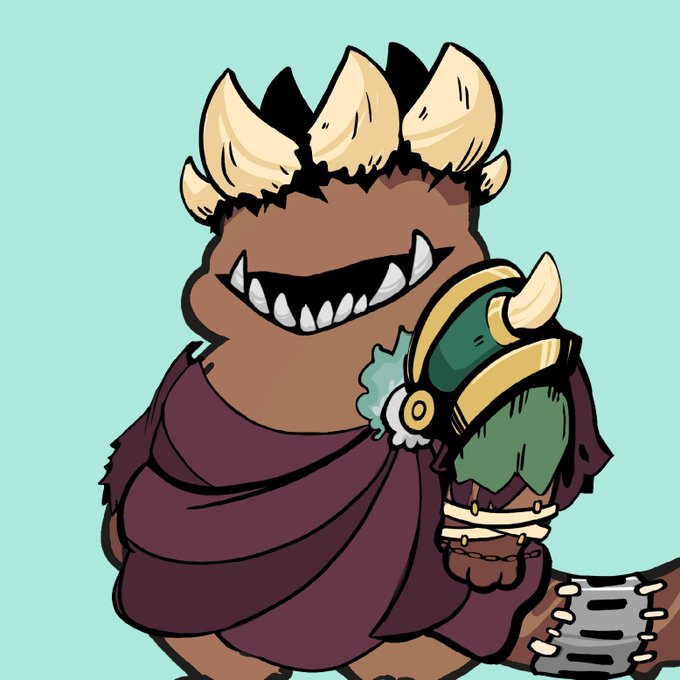 A chibi-style cartoon monster with sharp teeth, cream-colored horns, and a green armored gauntlet grins menacingly while wearing a purple cloak, fitting the playful "Fat Cats" NFT collection aesthetic featured in the linked OpenSea mint.
