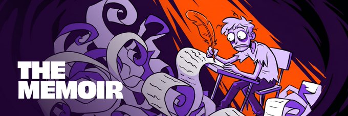 An animated illustration with bold orange and purple colors showing a character writing at a desk with a quill pen, surrounded by floating paper scrolls, with the title 'THE MEMOIR' displayed in white text.