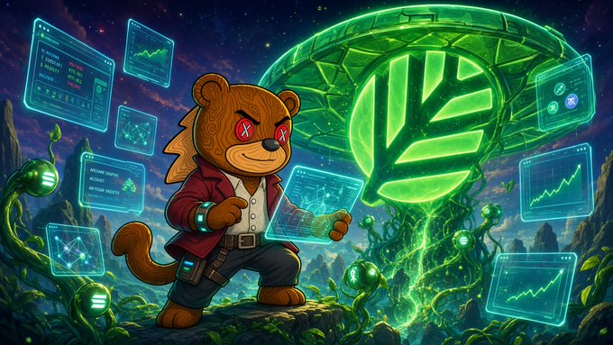 Digital artwork featuring a bear-like character in a red jacket holding holographic data screens, standing in front of a large glowing green Solana (SOL) logo with vine-like plant structures.