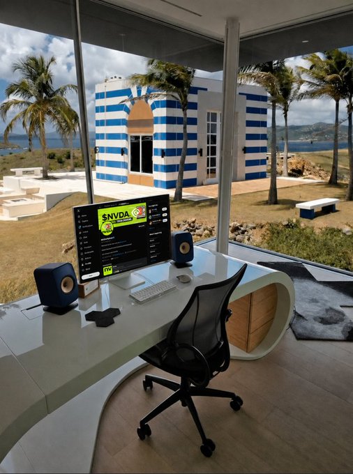 A sleek modern office setup with a curved white desk and ergonomic chair overlooks a tropical beachfront, featuring a monitor displaying an "SNVDA" (NVIDIA) webpage. The stunning seaside view with palm trees and ocean visible through floor-to-ceiling windows makes it an enviable workspace.