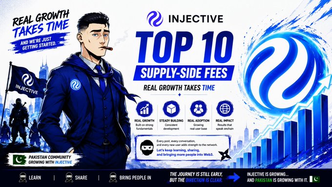 The image features a poster for Injective that highlights its focus on real growth over time rather than overnight success or chasing attention with fake news. The poster includes a man dressed as a ninja, symbolizing the idea of steady progress and development. The text in the image emphasizes this theme by stating "Top 10 Supply-side fees" and "Real growth takes time". This message is relevant to the post about Injective because it encourages users to focus on real growth and development rather than chasing quick gains or fake news.