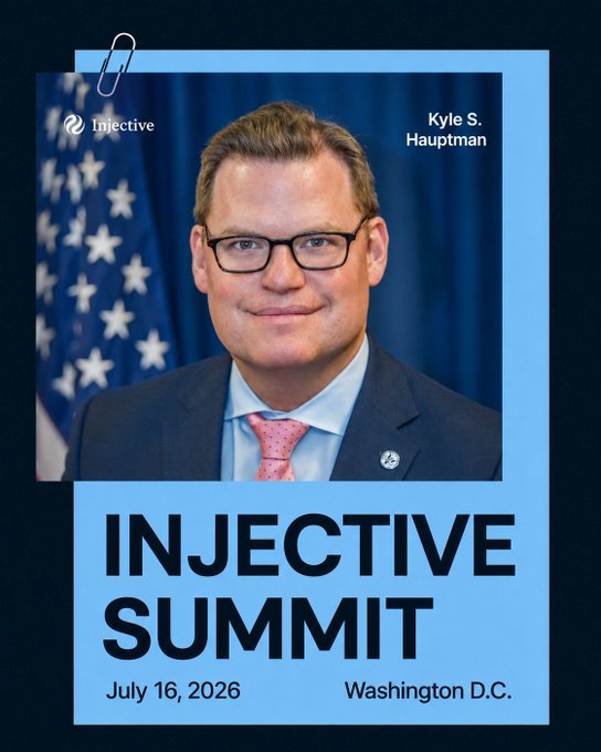 Promotional poster for the Injective Summit on July 16, 2026 in Washington D.C., featuring a headshot of Kyle S. Hauptman in a suit with an American flag and Injective logo.