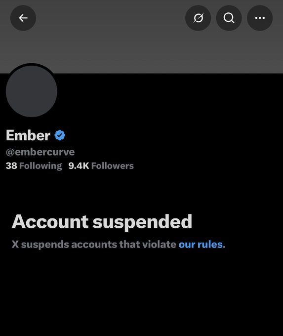 A Twitter/X profile page for "Ember" (@embercurve) displays an "Account suspended" notice, indicating that despite having 9.4K followers, the account has been banned for violating platform rules, contradicting the post's implication that the account is active and free to claim.