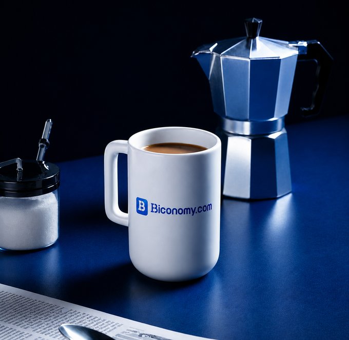 The image features a white mug filled with coffee sitting on top of a blue table, accompanied by a spoon and sugar jar nearby. The background appears dark, which contrasts with the bright colors of the mug and table. The caption reads "GM. Start with coffee. Stay for the gains. #GM #CryptoTwitter #BiconomyCom". This suggests that the image is related to the world of cryptocurrency or investing in it, as indicated by the post's title.