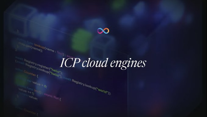 A dark, code-themed background with blurred programming text features an infinity symbol in rainbow colors and the text 'ICP cloud engines' in white italic font.