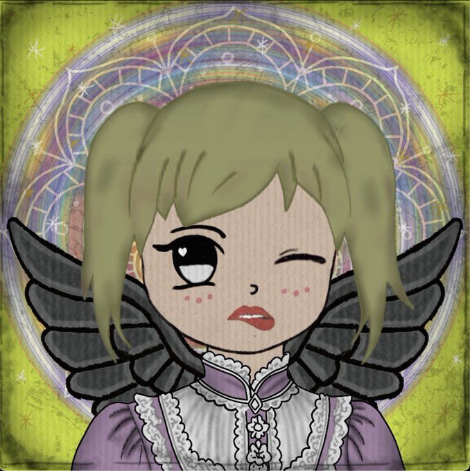 A digital illustration of a stylized chibi character with blonde pigtails, black wings, and a purple and white dress, set against a colorful mandala-like background with a sparkly green border.