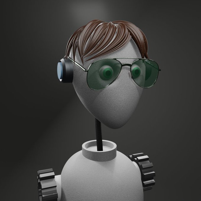 A 3D-rendered robot with a gray, textured face, green-tinted aviator sunglasses, and styled brown hair, featuring glowing green eyes behind the lenses, set against a dark background.