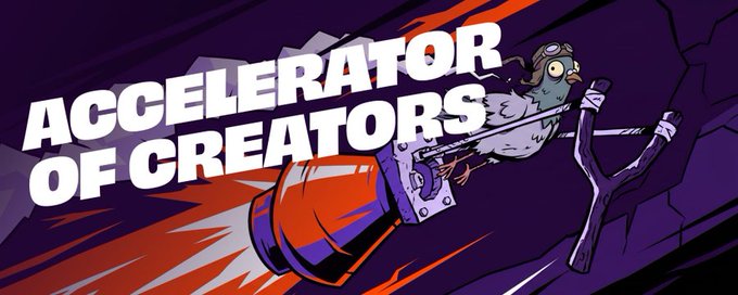 A banner reading 'ACCELERATOR OF CREATORS' in bold white text, featuring a cartoon pigeon riding a rocket-powered slingshot.