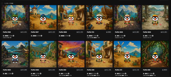 Screenshot of a Puffins NFT collection showing 10 cartoon puffin characters in various themed backgrounds with their token IDs and prices displayed below each.
